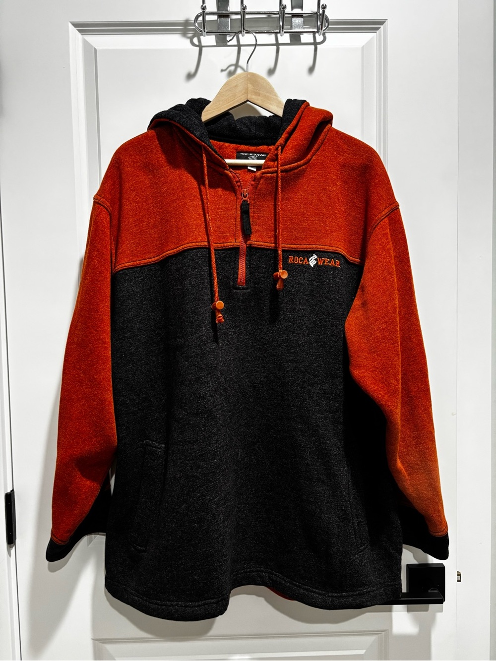 Vintage Rocawear Men's Two-Tone orange and charcoal grey Hooded Pullover